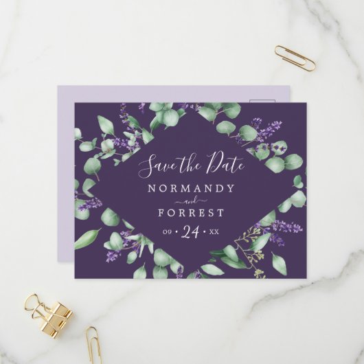 Rustikaler Lavendel | Lila Save the Date Postkarte (Vorderseite/Rückseite Beispiel)