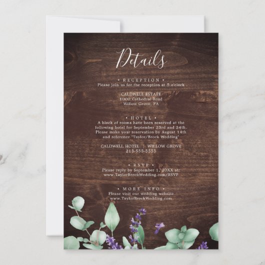 Rustikaler Lavendel mit Holzblumen auf einer Hochz Einladung (Rückseite)