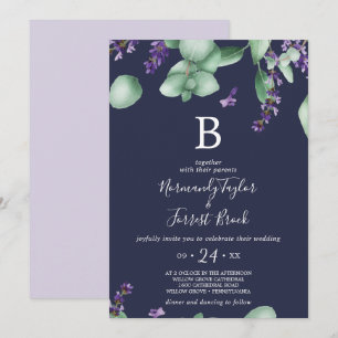 Rustikaler Lavendel   Navy Blue Monogram Wedding Einladung
