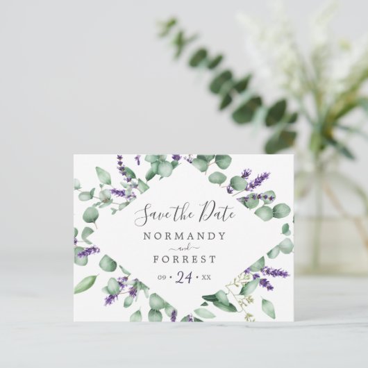 Rustikaler Lavendel Save the Date Postkarte (Stehend Vorderseite)