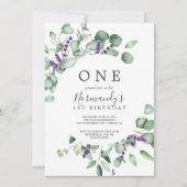 Rustikaler Lavendel und Eukalyptus Erster Geburtst Einladung (Vorderseite)