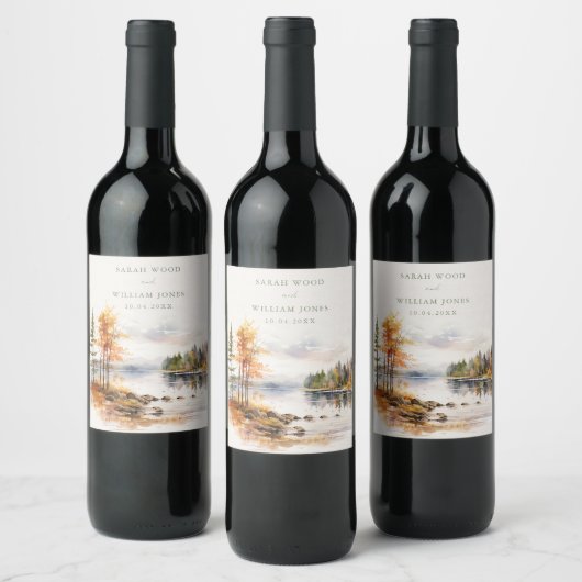 Rustikaler Leinenprint mit Herbstsee Hochzeit Weinetikett (Flaschen)