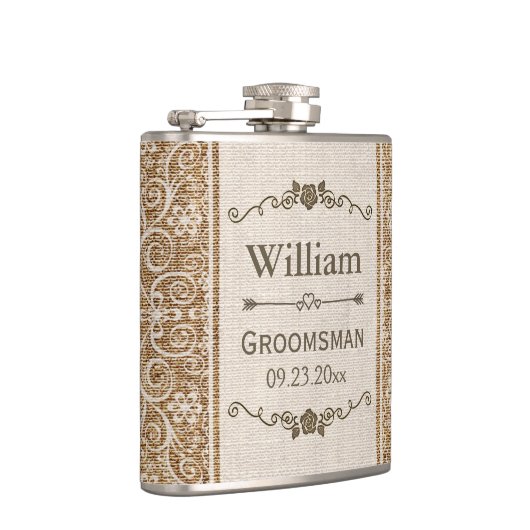 Rustikaler Leinwand-Spitze-Hochzeits-Trauzeuge Flachmann (Rechts)