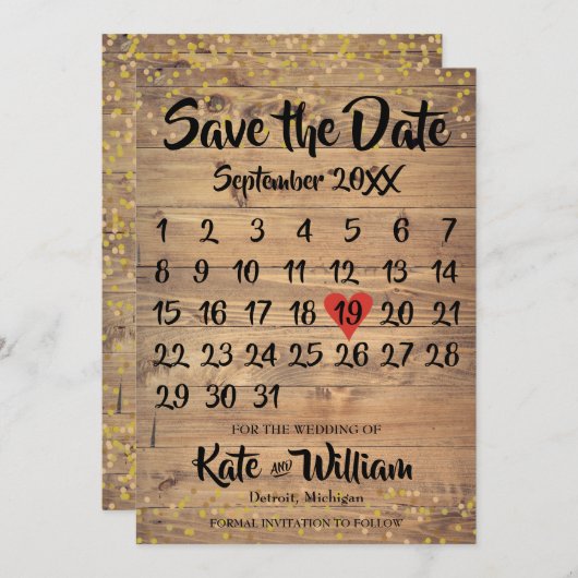 Rustikaler Liebe Herzkalender Save the Date (Vorne/Hinten)
