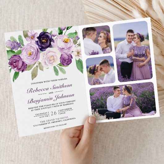 Rustikaler Lila-Blumen Einheits-QR-Code-Hochzeit Einladung