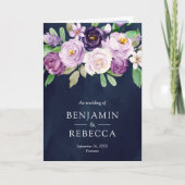 Rustikaler Lila Blumen QR Code Navy Blau Hochzeit Einladung (Vorderseite)