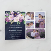 Rustikaler Lila Blumen QR Code Navy Blau Hochzeit Einladung (Innenseite)
