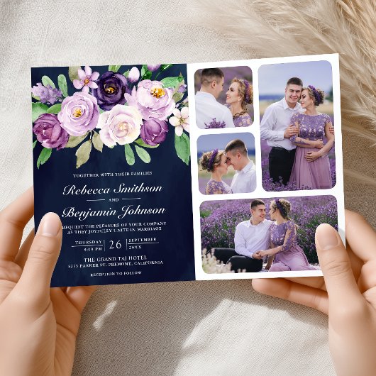 Rustikaler Lila Blumen QR Code Navy Blau Hochzeit Einladung