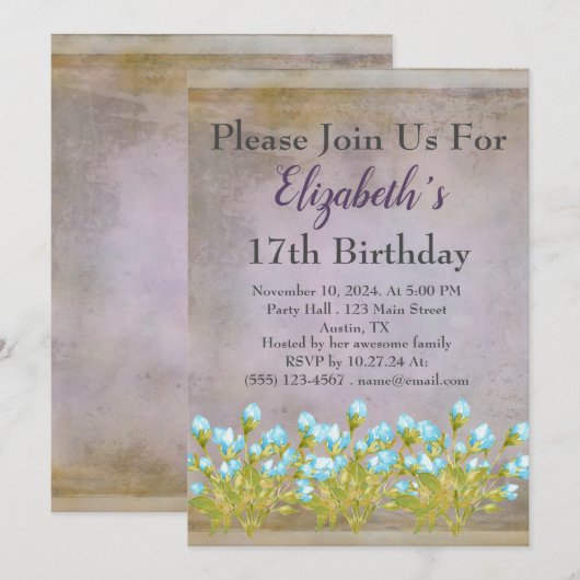 Rustikaler Lila Geburtstag Einladung (Vorne/Hinten)
