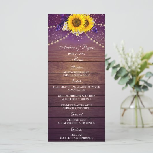 Rustikaler Lila Gelbblütenbaum Menükarte (Stehend Vorderseite)