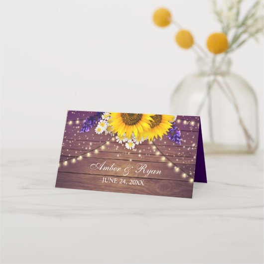 Rustikaler Lila Gelbblütenbaum Platzkarte (Vorderseite)