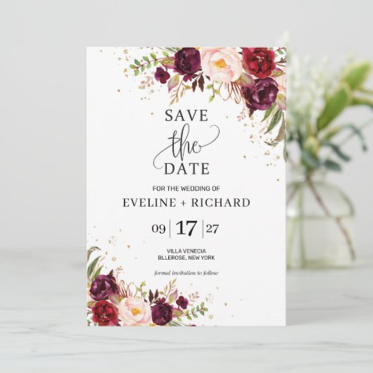 Rustikaler Marsala, rot, rosa, blühend Save the Da Einladung (Stehend Vorderseite)