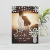 Rustikaler Mason Jar Lights Hochzeit Speichern Sie Save The Date (Stehend Vorderseite)