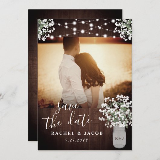 Rustikaler Mason Jar Lights Hochzeit Speichern Sie Save The Date (Vorne/Hinten)