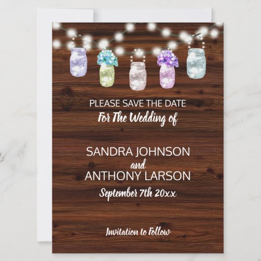 Rustikaler Mason Jar mit Leuchten Save the Date (Vorderseite)