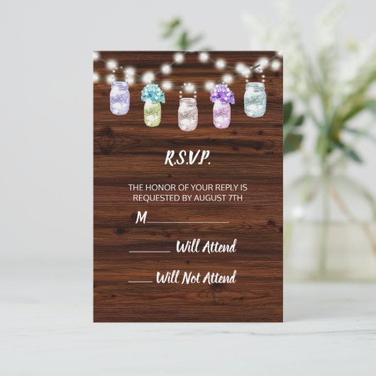 Rustikaler Mason Jar mit Lights Wedding R.S.V.P. RSVP Karte (Stehend Vorderseite)