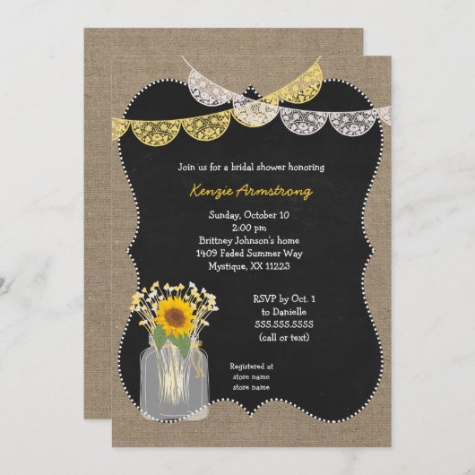 Rustikaler Mason Jar mit Sonnenblumen Babyatme Einladung (Vorne/Hinten)