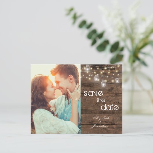 Rustikaler Mason Jar String Lights Foto ZZ Ankündigungspostkarte (Stehend Vorderseite)