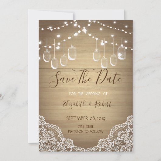 Rustikaler Mason Jar, String Lights, Spitze Save t Save The Date (Vorderseite)