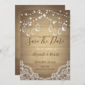 Rustikaler Mason Jar, String Lights, Spitze Save t Save The Date (Vorne/Hinten)