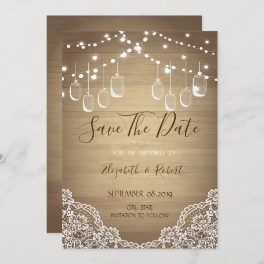 Rustikaler Mason Jar, String Lights, Spitze Save t Save The Date (Vorne/Hinten)