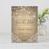 Rustikaler Mason Jar, String Lights, Spitze Save t The Date (Stehend Vorderseite)