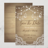 Rustikaler Mason Jar, String Lights, Spitze Save t The Date (Vorne/Hinten)