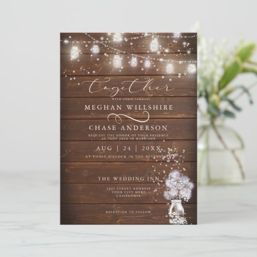 Rustikaler Mason Jar String Lights the BarefootBri Einladung (Stehend Vorderseite)