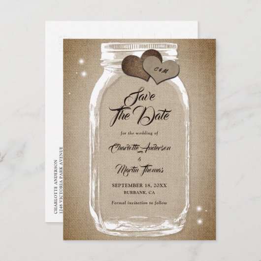 Rustikaler Mason Jar Wedding rettet das Datum Ankündigungspostkarte (Vorne/Hinten)