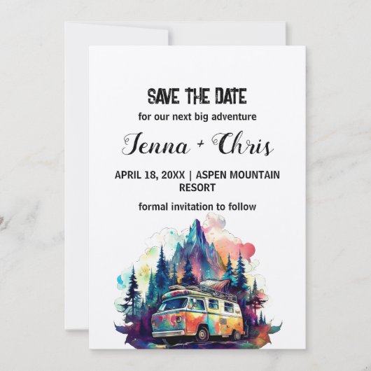 Rustikaler Maximaler Camper Berg Save the Date Einladung (Vorderseite)