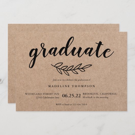 Rustikaler Minimalistisch Leaf Graduate Script Abs Einladung (Vorne/Hinten)