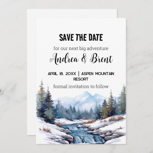 Rustikaler Minimalistischer Bergsee Schnee Save th Einladung (Vorne/Hinten)
