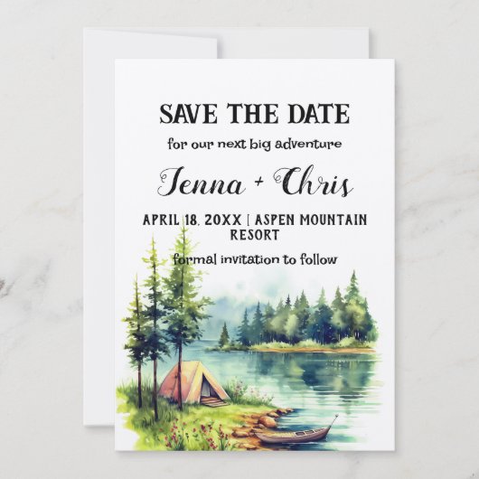 Rustikaler Minimalistischer Wald Kanusee Save the Einladung (Vorderseite)