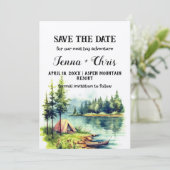 Rustikaler Minimalistischer Wald Kanusee Save the Einladung (Stehend Vorderseite)