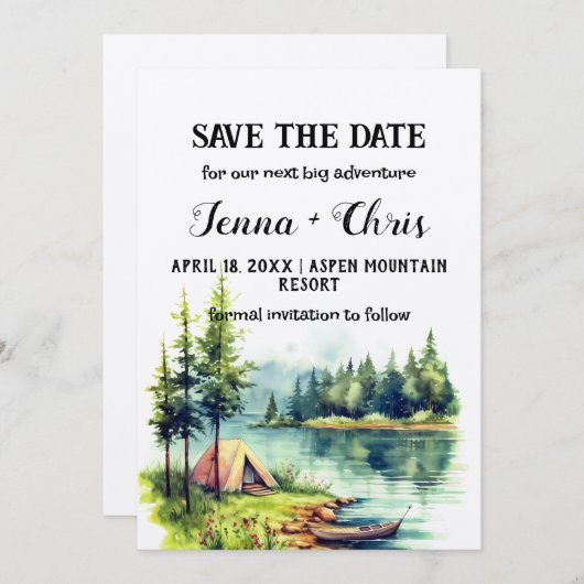 Rustikaler Minimalistischer Wald Kanusee Save the Einladung (Vorne/Hinten)
