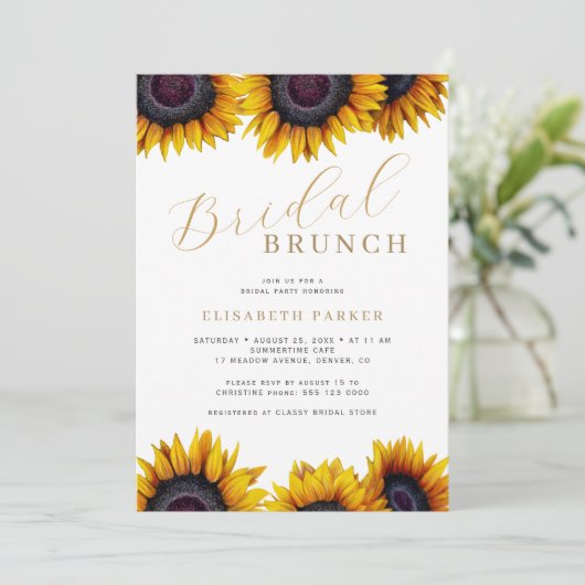 Rustikaler, moderner Sonnenblumenbrunch Einladung (Stehend Vorderseite)