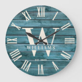 Rustikaler Monogram Driftwood-Familienname Große Wanduhr (Vorderseite)