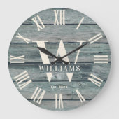 Rustikaler Monogram Driftwood-Familienname Große Wanduhr (Vorderseite)
