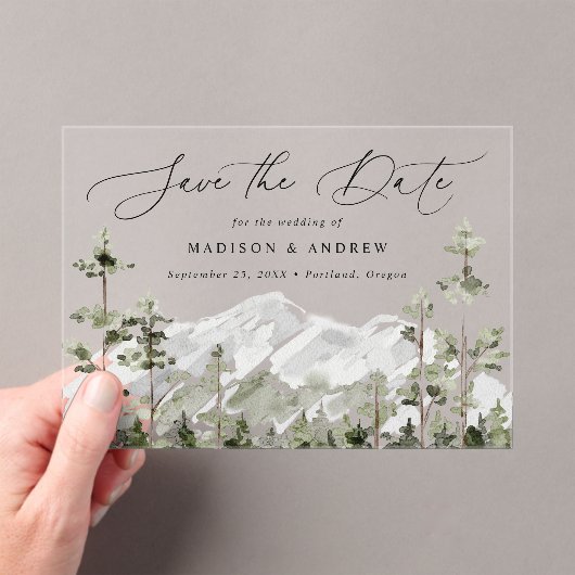 Rustikaler Mount Evergreen Forest Save the Date Acryleinladungen (Insitu (Handheld))