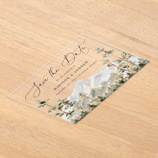 Rustikaler Mount Evergreen Forest Save the Date Acryleinladungen (Ablage )