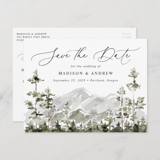Rustikaler Mount Evergreen Forest Save the Date Ankündigungspostkarte (Vorne/Hinten)