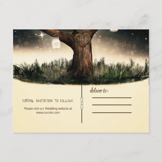 Rustikaler Nachtbaum mit Lichtern & Jars Save the  Ankündigungspostkarte (Rückseite)