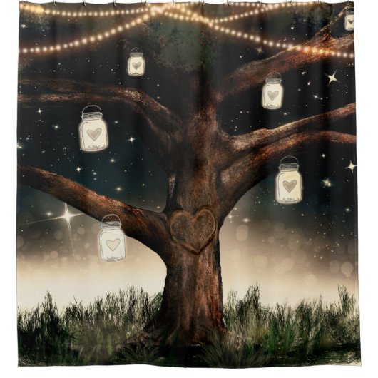 Rustikaler Nachtbaum mit Lichtern & Mason Jars Duschvorhang (Vorderseite)