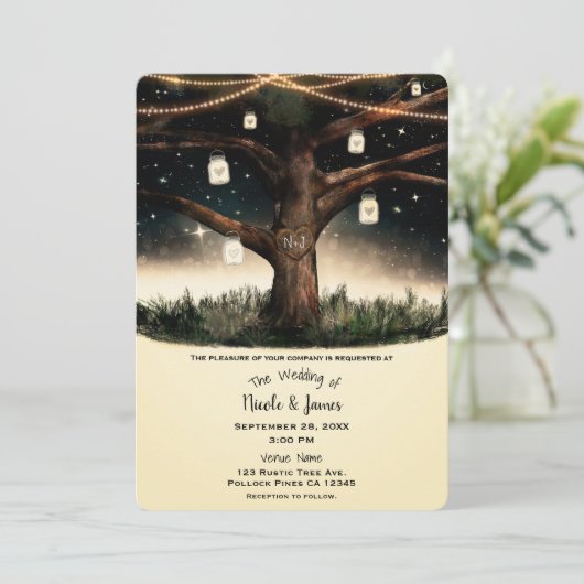 Rustikaler Nachtbaum mit Lichtern & Mason Jars Hoc Einladung (Stehend Vorderseite)