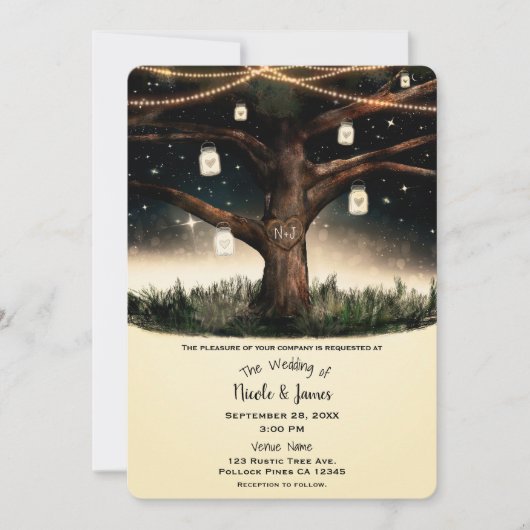 Rustikaler Nachtbaum mit Lichtern & Mason Jars Hoc Einladung (Vorderseite)
