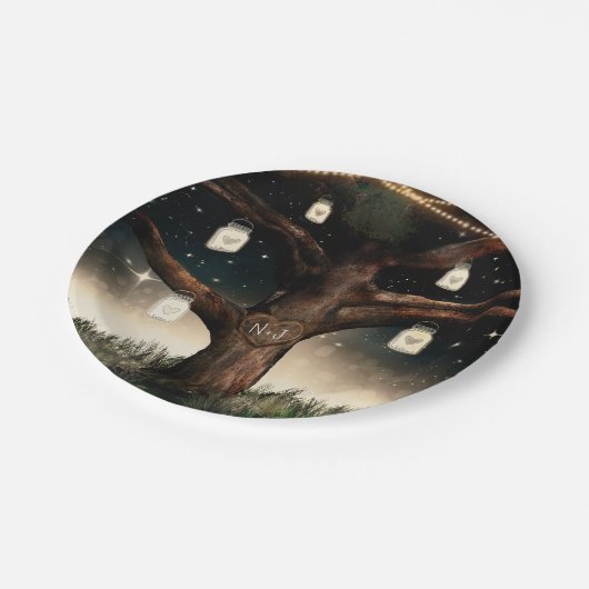 Rustikaler Nachtbaum mit Lichtern & Mason Jars Hoc Pappteller (Schrägansicht)