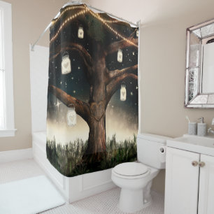 Rustikaler Nachthimmel mit Lichtern und Mason Gläs Duschvorhang