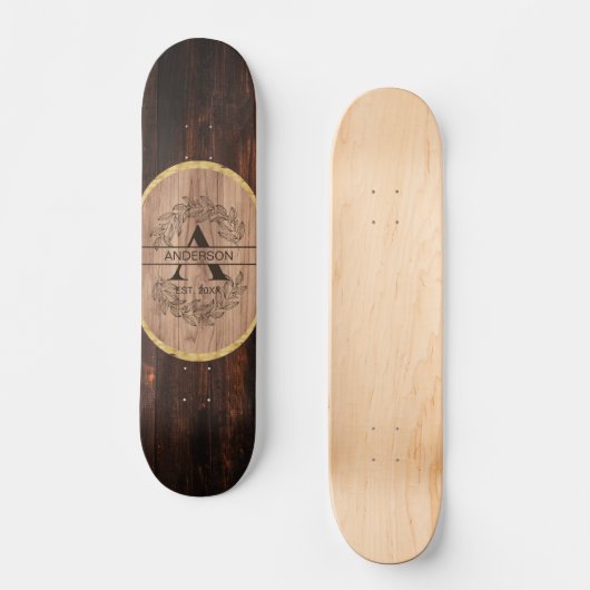 Rustikaler Name der Monogrammkarte aus Holz Skateboard (Vorderseite)