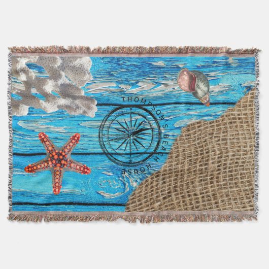 Rustikaler Nautic Blue Wood Burlap Starfish Decke (Vorderseite)