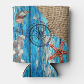 Rustikaler Nautic Blue Wood Burlap Starfish Dosenkühler (Vorderseite)